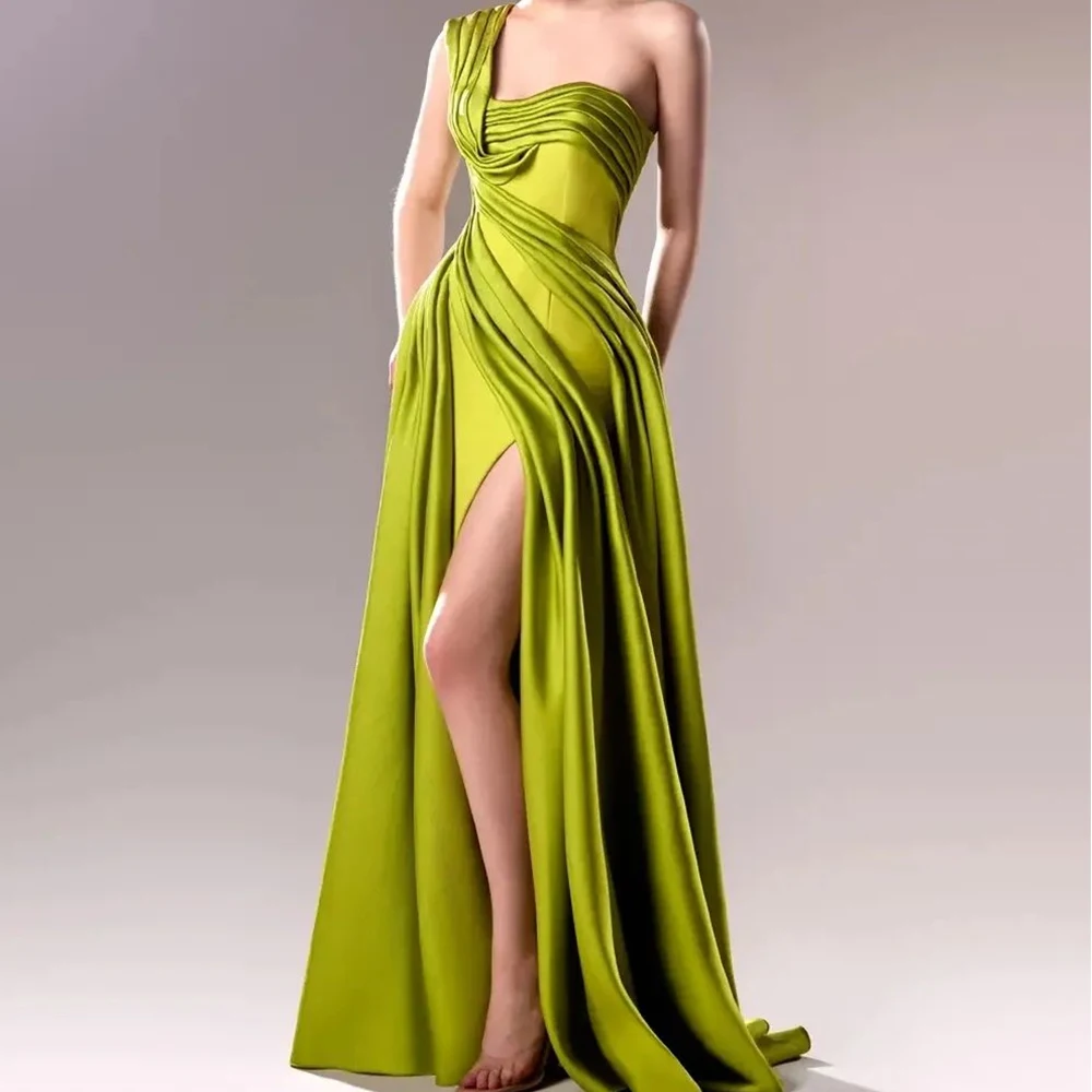 Customized Modern Panel Train Front Slit One Shoulder Prom Dress Temperament Mermaid Green Pleats Evening Dress платье вечернее