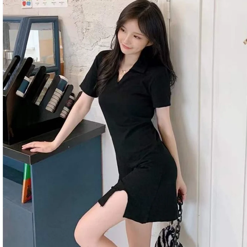Summer Dress Women POLO collar Split Evening Party Y2K Sexy Kpop Vintage Short Skirt cheap clothes Black Dresses Woman