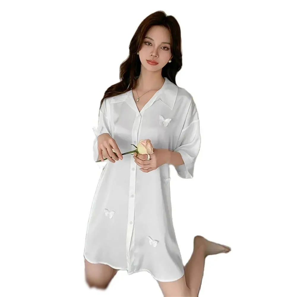 

White Japanese Style Loose Sleepshirt Lingerie Women Short-sleeved Lapel Shirt Home Nightdress Ladies Summer Butterfly Nightgown