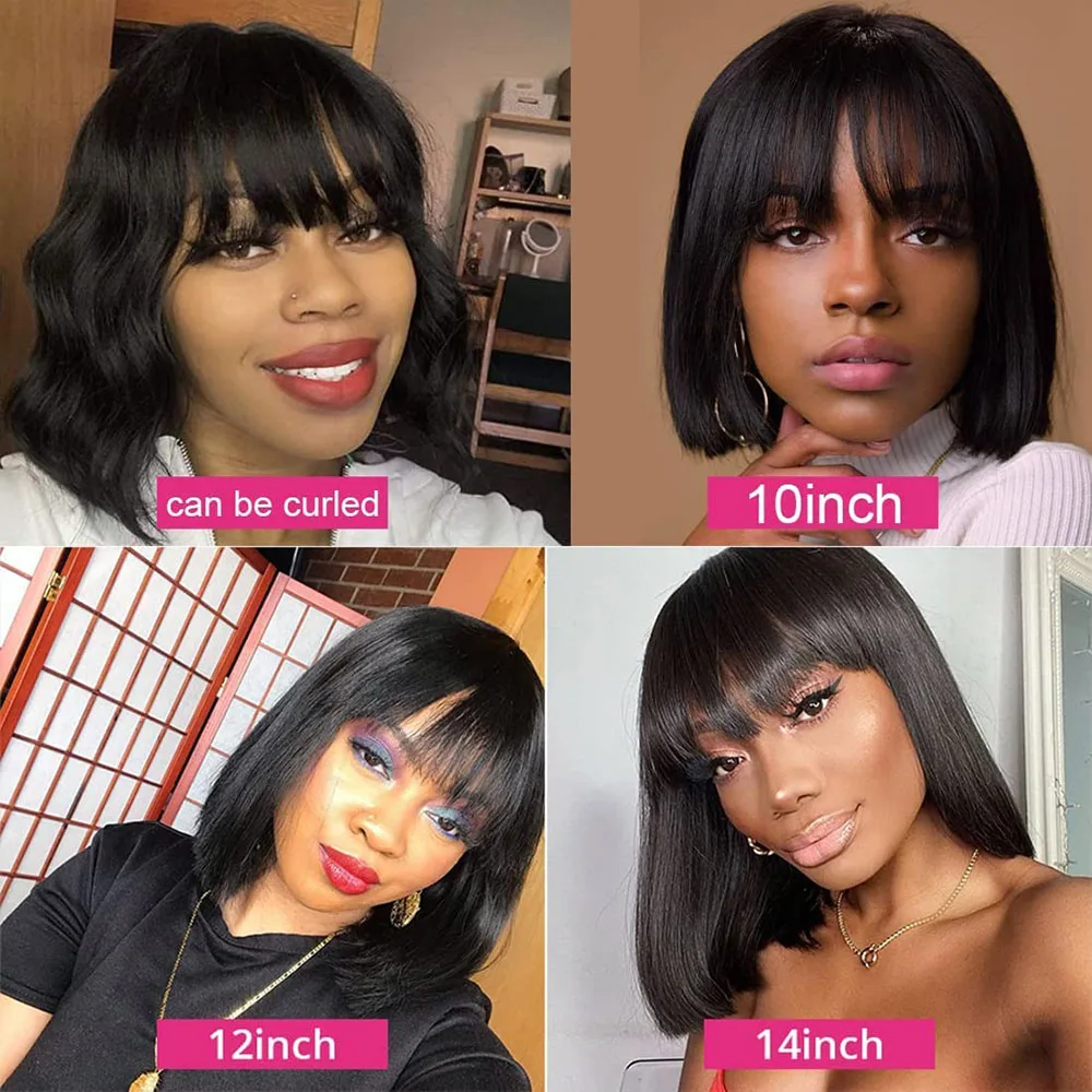 Straight Wig With Bangs Fringe Short Bob Human Hair Wig With Bangs For Women Brazilian Glueless Full Machine Made With Bangs