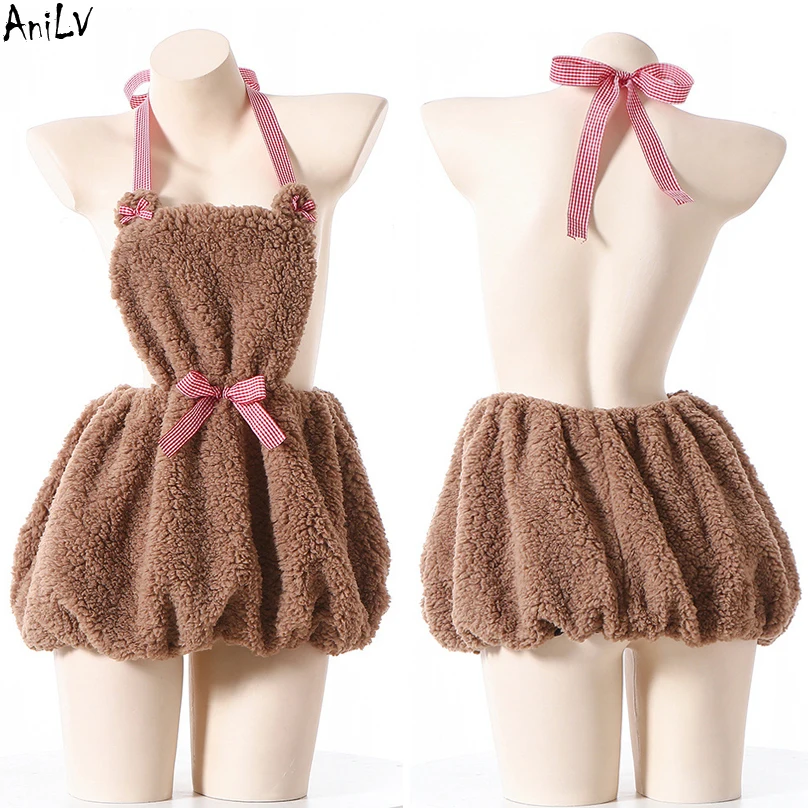 AniLV 2023 New Year Kawaii Girl Plush Bear Halter Apron Dress Unifrom Women Anime Maid Cute Nightdress Outfits Costumes Cosplay