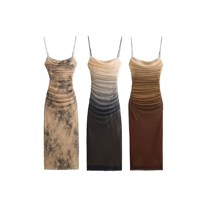 

Women's Gradient Print Slim Package Hip Dress Temperament Retro Style Spaghetti Strap Sexy Backless Dress Summer Dresses