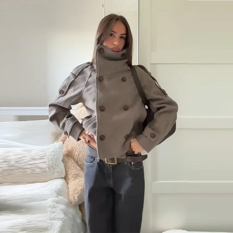 Vintage Solid Cropped Faux Woolen Coat Lady High Stand Collar Double Breasted Loose Short Jacket Fall Daily Street Outerwear New