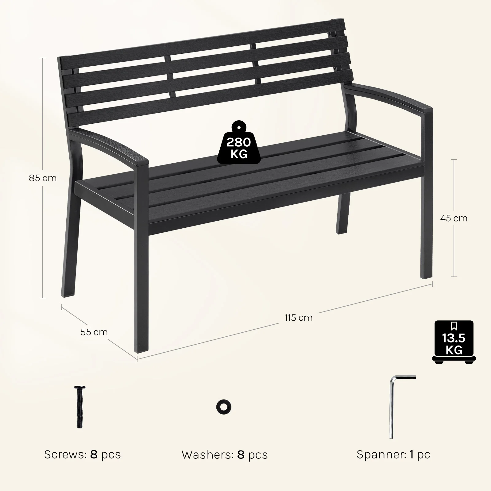 WOLTU Weerbestendige tuinbank voor 2-3 zitplaatsen 115 cm metalen buitenbank Maximaal belastbaar tot 280 kg voor balkon, patio, veranda, park
