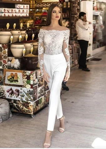 Long Sleeves Wedding Jumpsuit Wedding Dresses Sheath Chiffon Lace Boho Wedding Gown Bridal Jumpsuit Vestidos De Novia