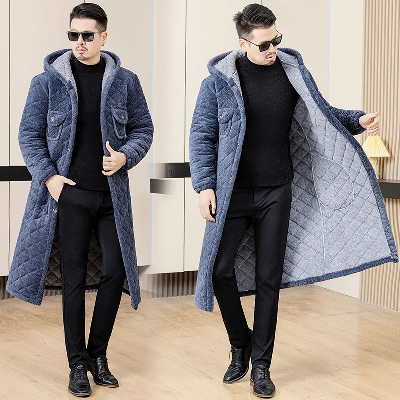 معطف مبطن بالقطن من Thiened للرجال ملابس منزلية طويلة فوق الركبة ملابس عمل دافئة مبطنة بالقدمين كاجوال Sle Faionable U... #4