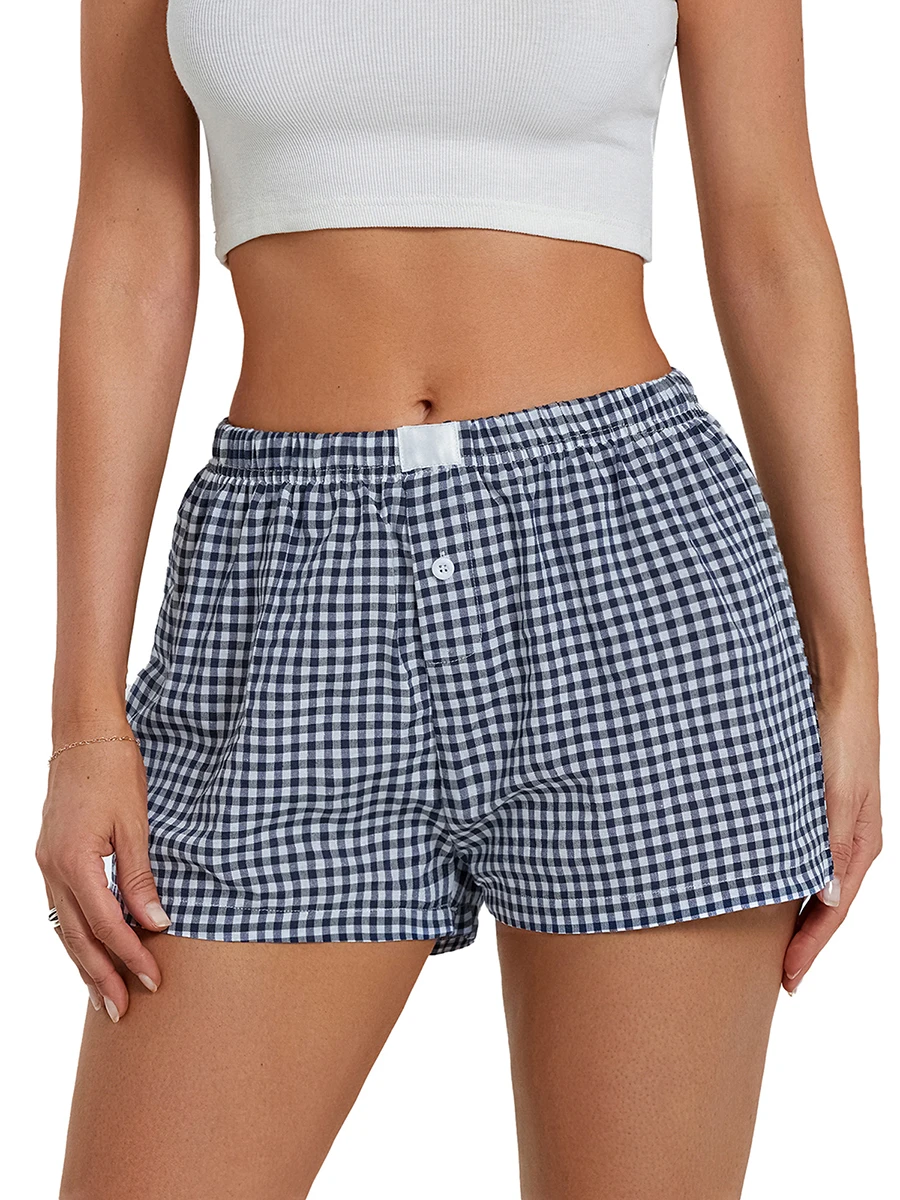 

Women s Y2K Lounge Shorts Elastic Soft Low Waist Plaid Print Button Front Boxer Shorts Women s Pyjama Bottoms