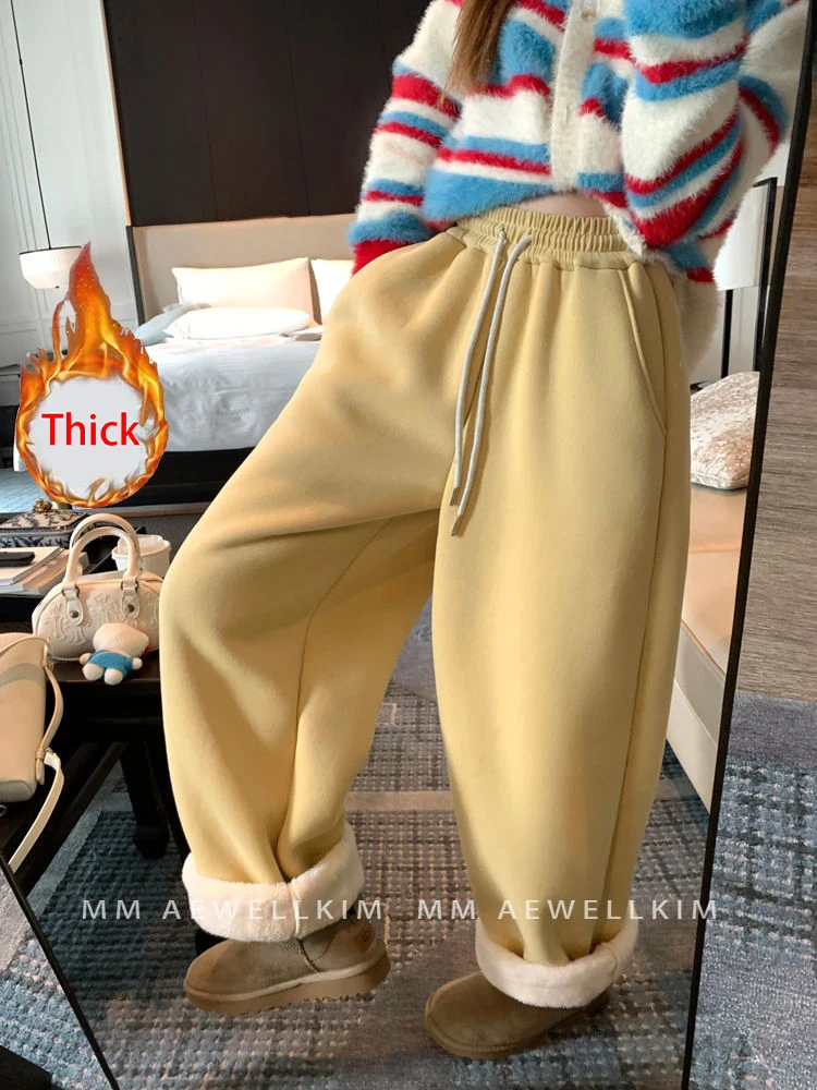 Jmprs Thick Plush Warm Casual Pants Women Vintage High Waist Loose Korean Sweatpants Winter Female Retro Lace Up Simple Trousers