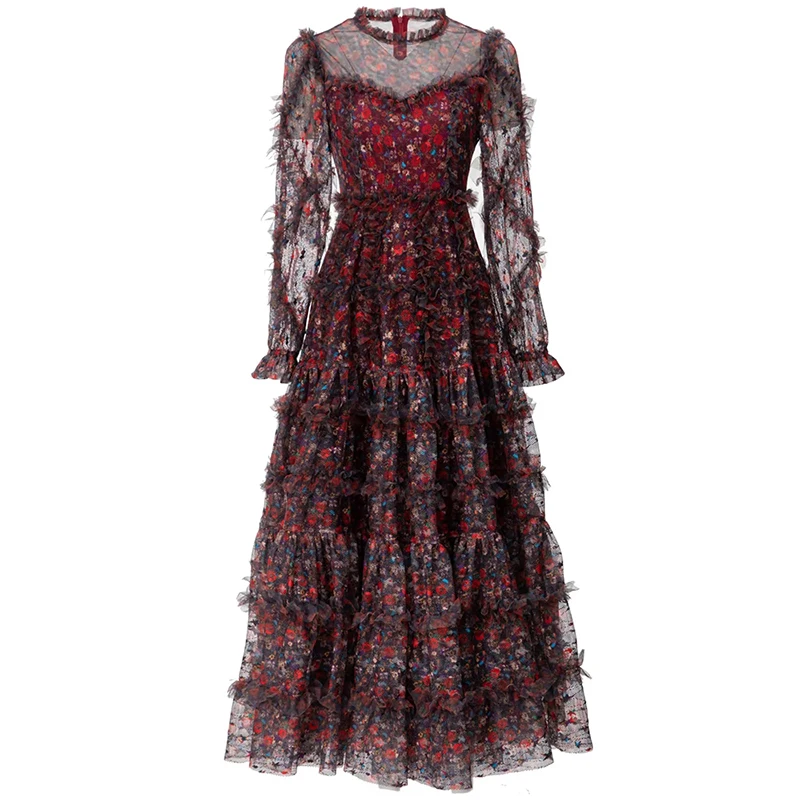 

ILYBOOJUN Fashion Designer Autumn Mesh Dress Women O-Neck Lantern Sleeve Ruffles Flower Print Vintage Party Long Dresses