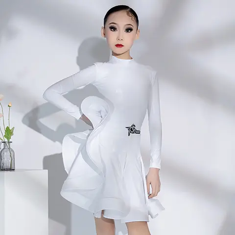 Children Latex Latin Dance Dress for Girls Competition Professional Practice Bodysuit and Large Skirt Standard Dancewear Costume