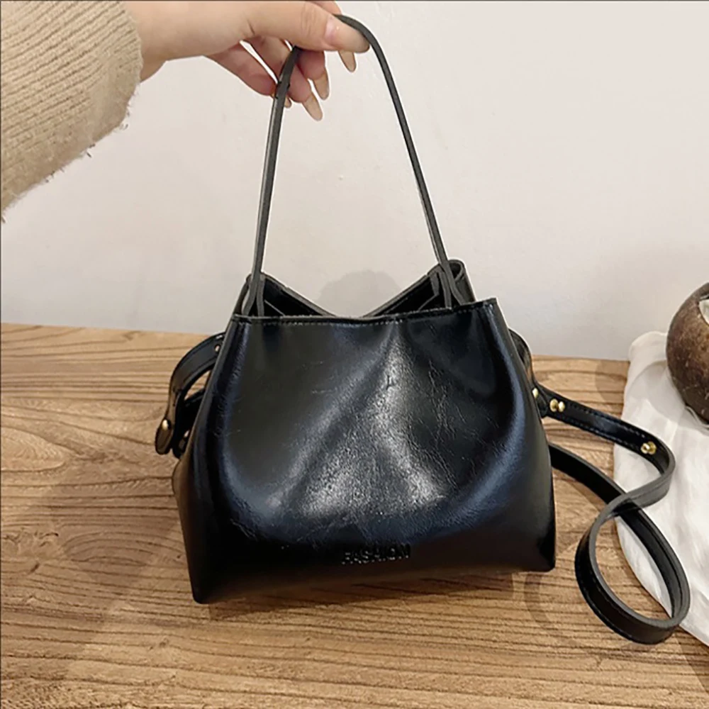 Spring Vintage Solid Color Handbags Women's Soft Buckle Bucket Single Shoulder Bag Daily Commute All-Match Messenger Bags