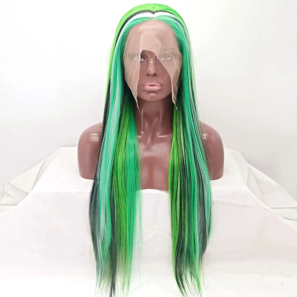 Melody Synthetic Wig Mixed Green to Blonde White Lace Front Wigs with Black Multi-colored Straight Wig for Women Heat Resistant