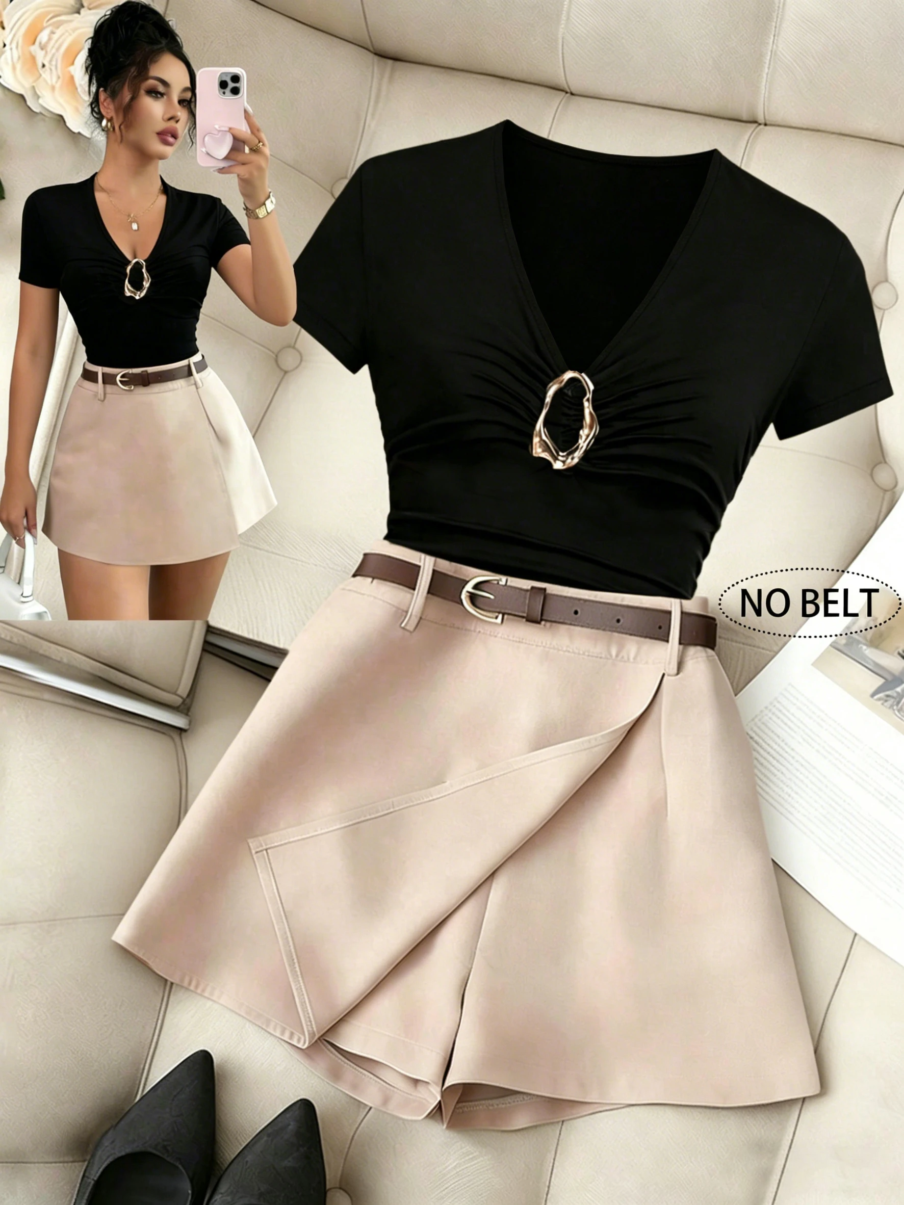Ladies Elegant Decorative Button T-Shirt Shorts Set Fashionable Casual Outfit Women's Clothing Combo view 2