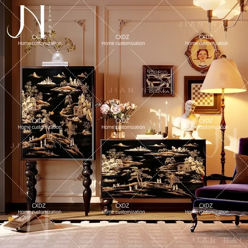 French Chinese style black gold landscape solid wood tall cabinet living room wall storage dining room locker entrance