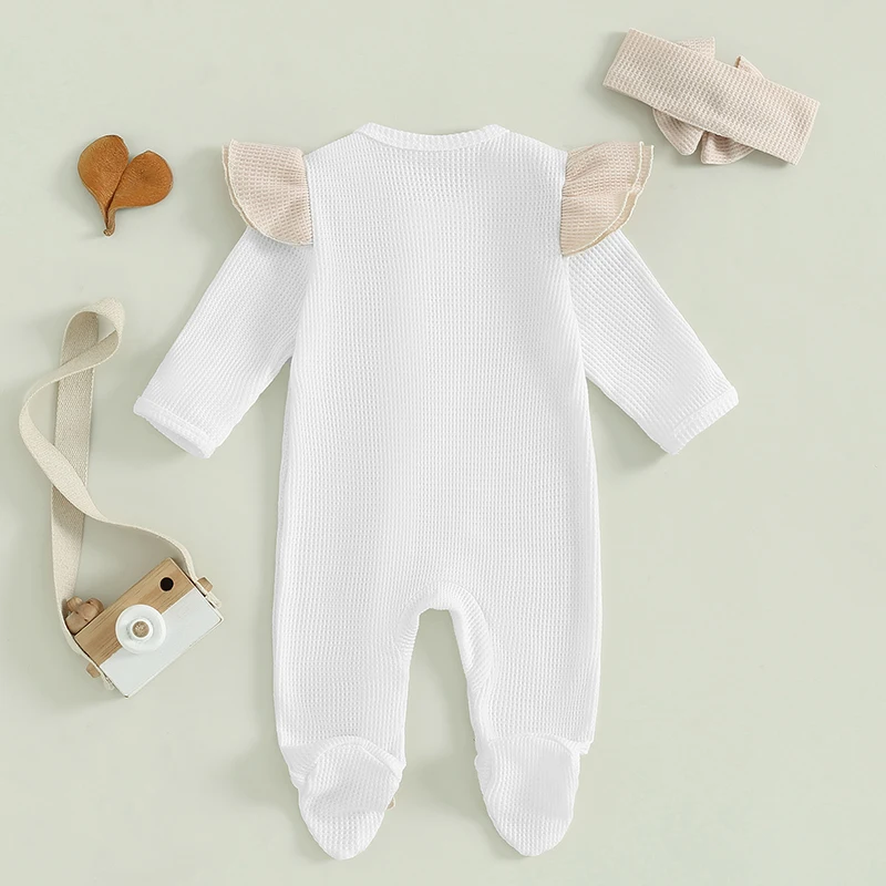 2024-05-11 Lioraitiin Baby Girls Outfit, Long Sleeve Crew Neck Frills Zipped Contrast Color Footies and Headband Fall Clothes