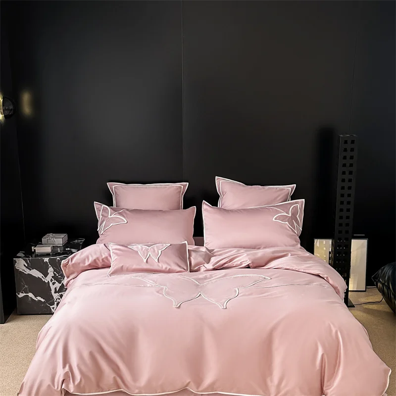 Luxury Pink Red Egyptian Cotton Butterfly Bedding Set, Duvet Cover, Linen Fitted Sheet, Pillowcases, Home Textile