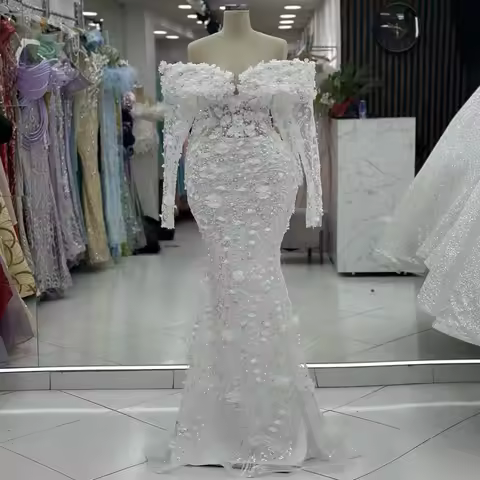 2025 Elegant White Mermaid Dress 3D Flower Applique Beaded Lace Evening Gown Wedding Party Dress Wedding Dress customized