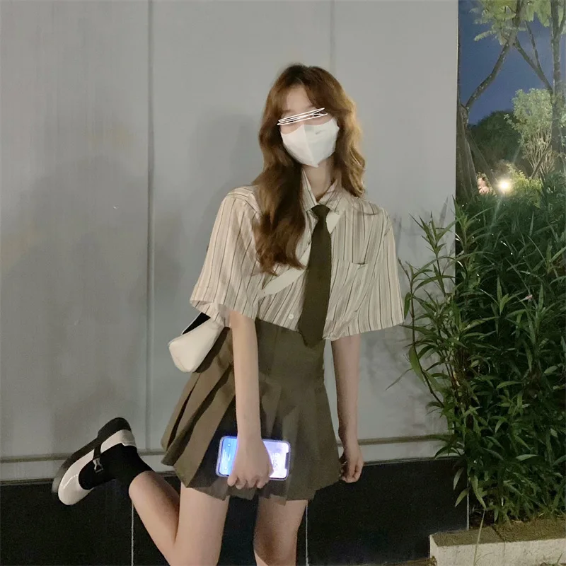 

College StyleJKUniform Set Skirt Korean Style Loose Striped Short Sleeve Shirt Top Slimming Pleated Skirt Women Two-Piece Set