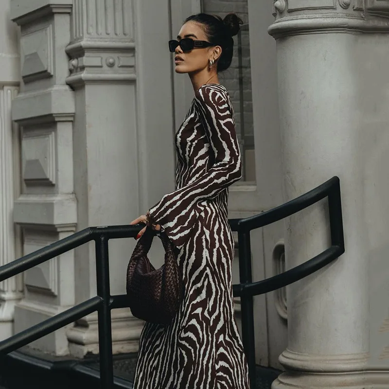 Boho Sukienka Maxi z Nadrukiem, Prześwitująca, Casualowa, z Okrągłym Dekoltem i Długim Rękawem dla Kobiet, Nowy Styl na Jesień i Zimę