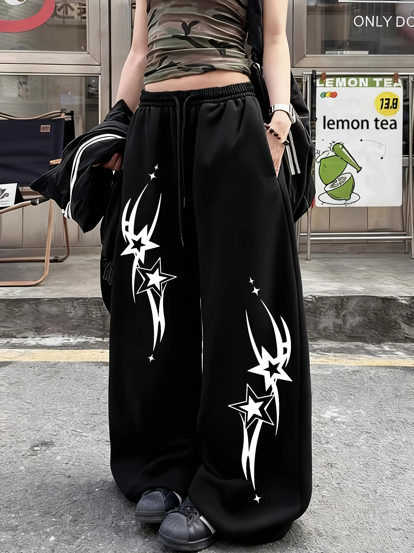 

Женские повседневные спортивные брюки в уличном стиле с принтом звезд, новинка весенней коллекции, флисовые, свободного кроя, оверсайз, для уличной моды
