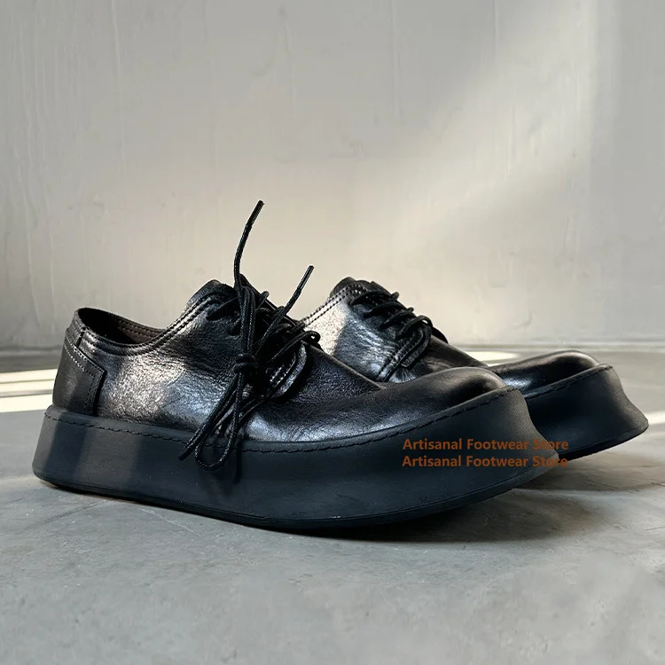 

Thick-Soled Height-Increasing Derby Shoes Vintage Soft Leather Lace Up Men's Shoes Black Leather Casual Shoes Trendy Men's Shoes
