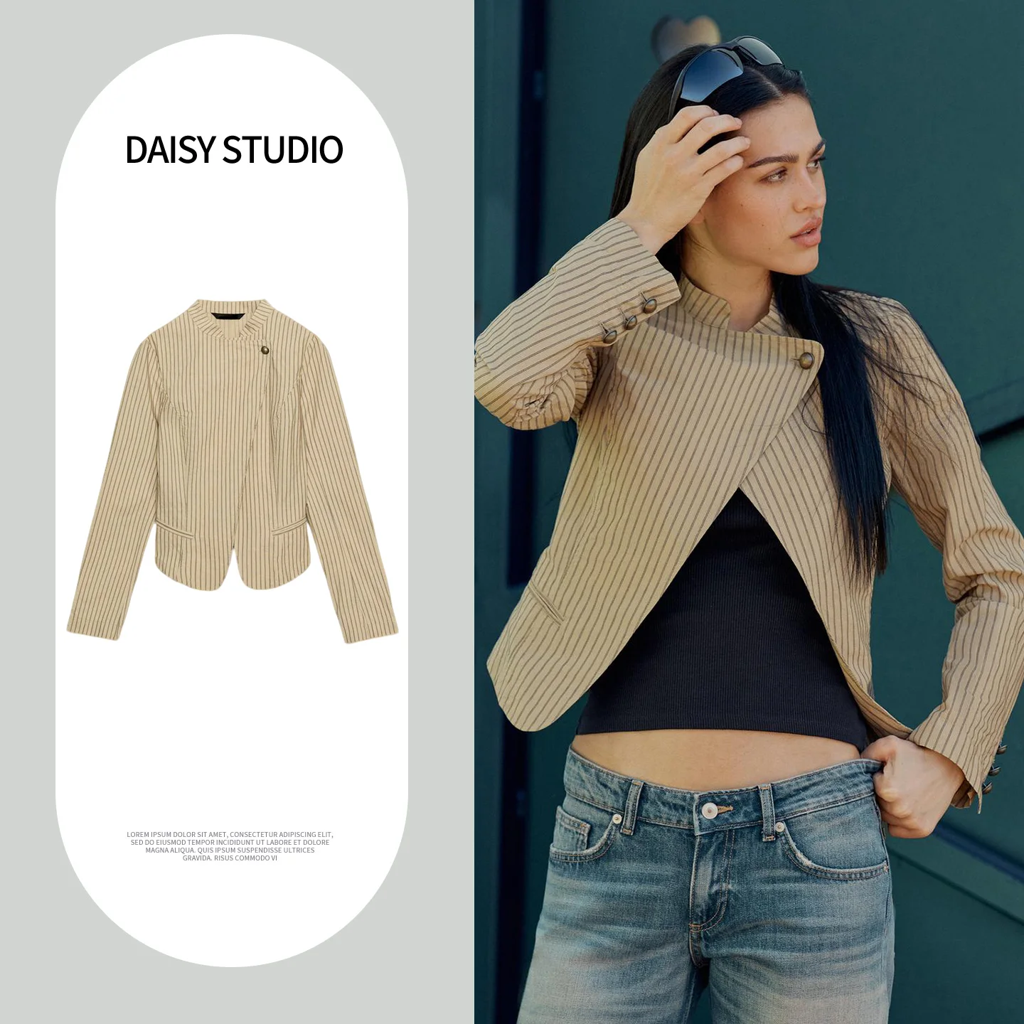 Spring New Women's Long Sleeve round Neck Striped Button up Suit Jacket Pocket Decorated Polyester Fiber Short Length