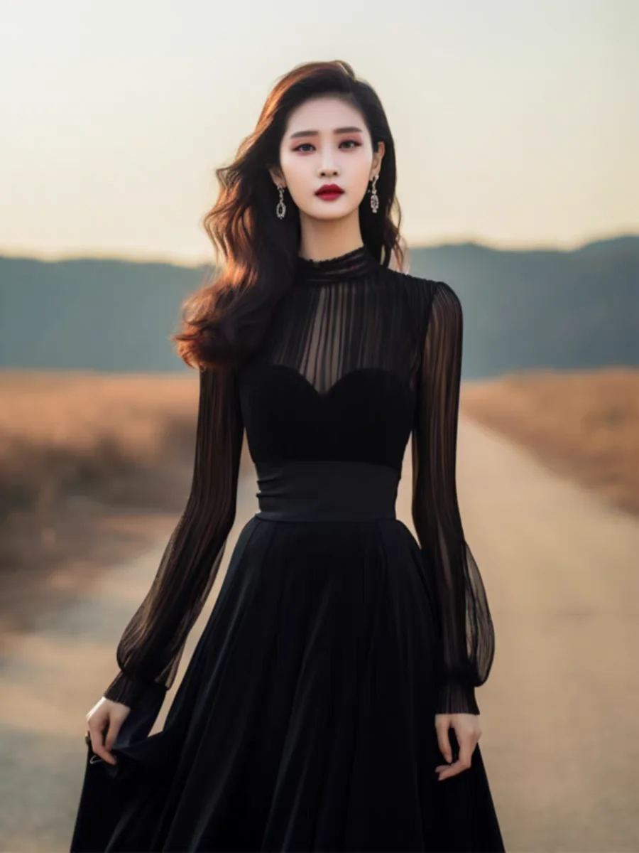 

New high-end light luxury unique banquet dress Senior sense black velvet dress