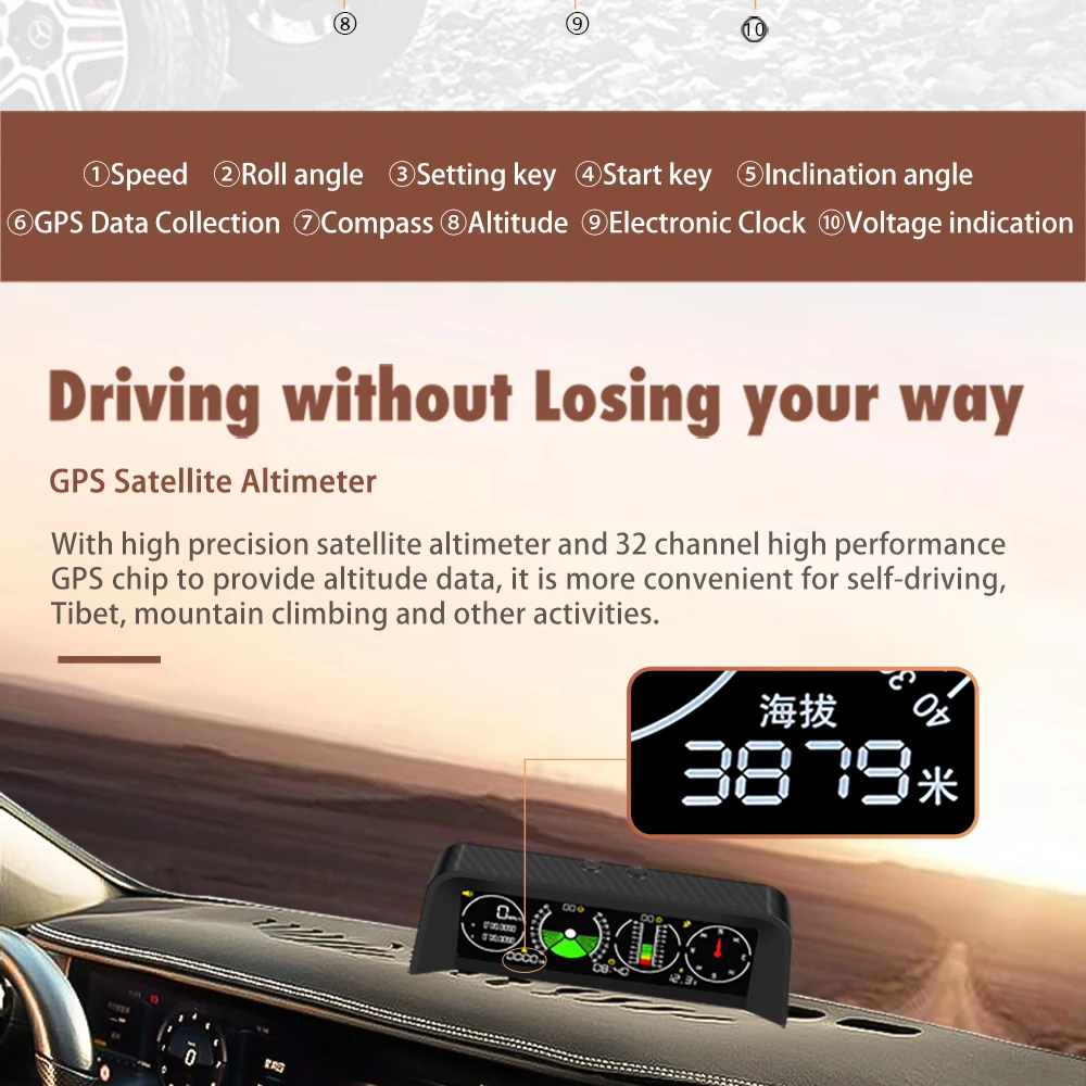 X90 GPS Slope Meter Inclinometer Car Altitude Speedometer HUD Pitch Tilt Angle Protractor Clock Latitude Longitude Campass