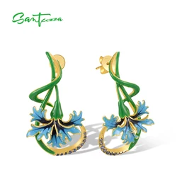 SANTUZZA Authentic 925 Sterling Silver Dangling Earrings For Women Blue Stone Green Flower Enamel Elegant Weding Fine Jewelry