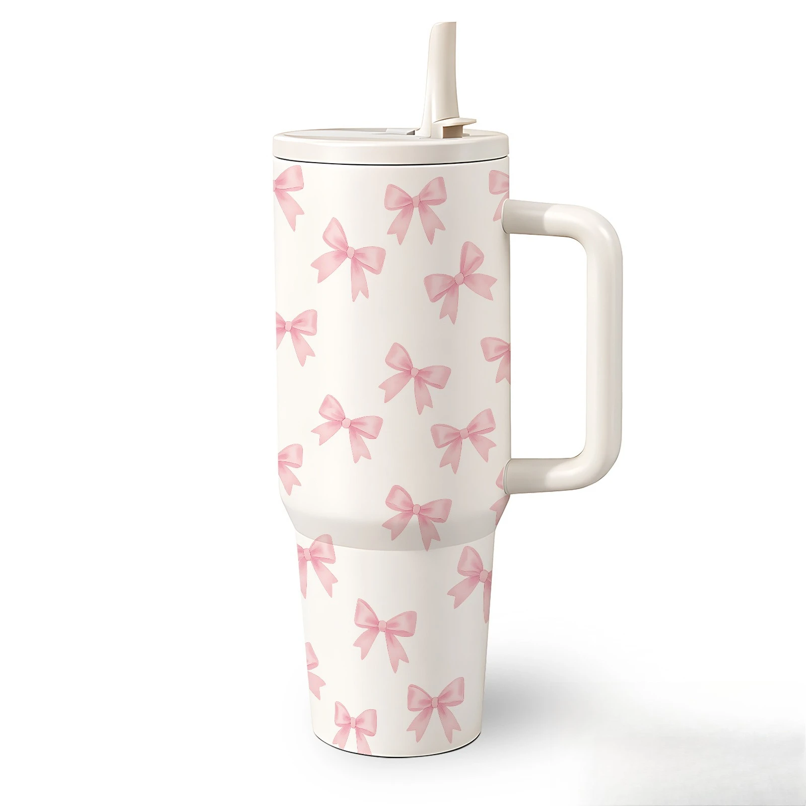 1pc 40Oz Stainless Steel Tumbler, Romantic Pink Bow Print, with Handle And Foldable Straw, Double-Layer Vacuum Insulated Cup, 12-Hour Warm/24-Hour Cold, Sweet Girly Style Drinkware, Mother'S Day Anniversary Gift for Best Friend'S Birthday Holiday