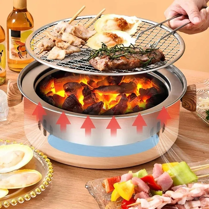 Outdoor Camping Barbecue Grill Charcoal BBQ Grill with Grill Multifunctional Cooking Party Picnic Round Non-stick Barbecue Stove