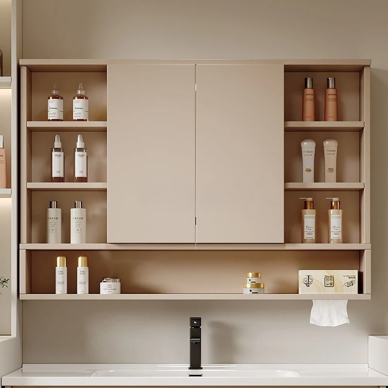 

Bathroom cream style multi-layer solid wood wall-mounted with open grid individual mirror cabinet folding intelligent hidden