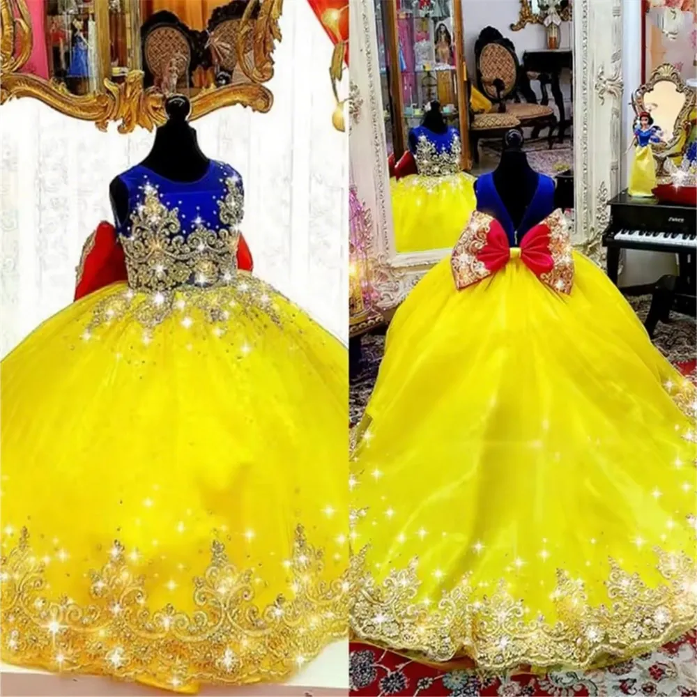 

Luxury Flower Girl Wedding Dress Princess Glitter Fluffy Gold Appliques Bow Ball Gown Kids Birthday Party First Communion Gown