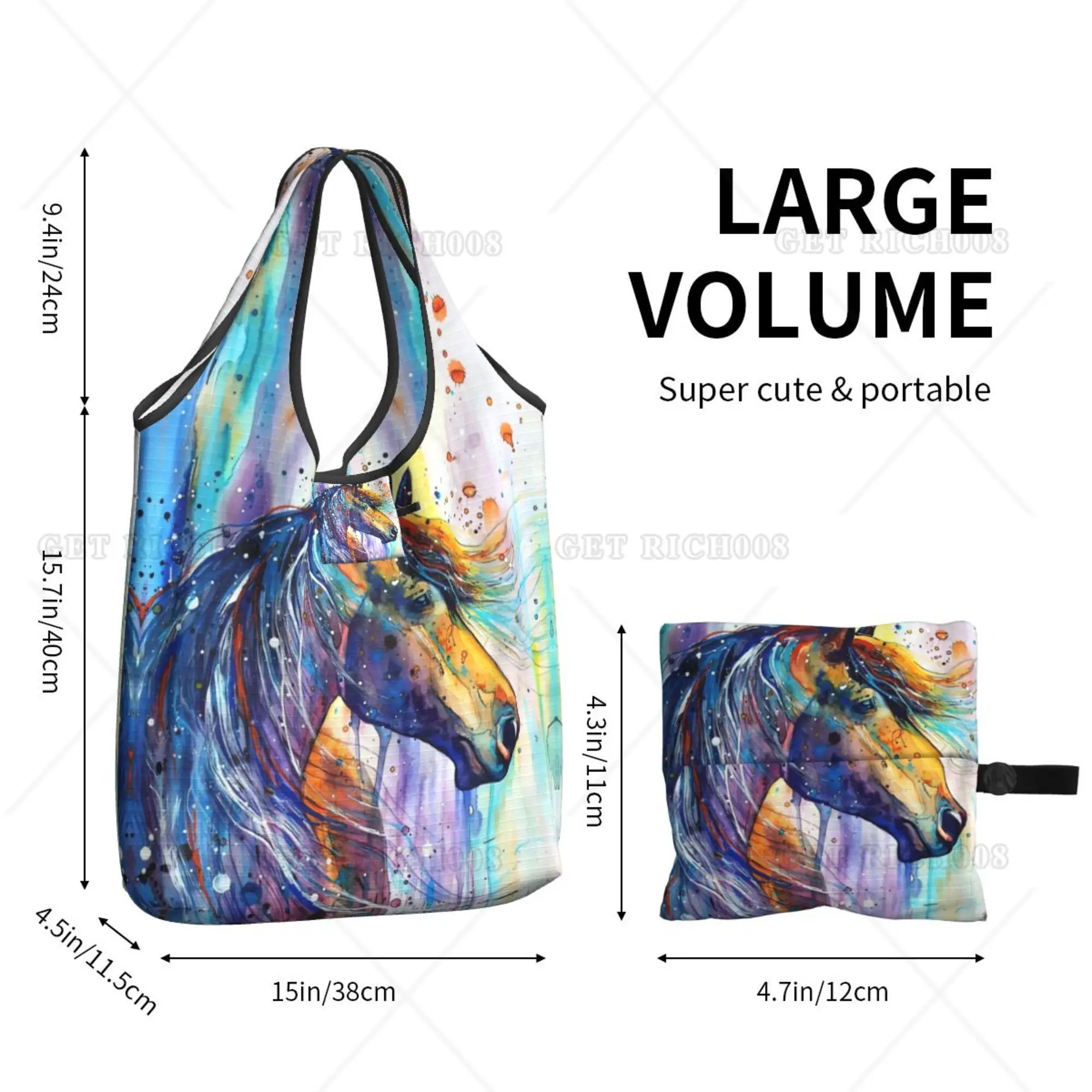 Bolso de compras plegable abstracto de caballo colorido para mujer, bolsos de mano para supermercado al aire libre, sin cremallera, moda, un tamaño, ecológico