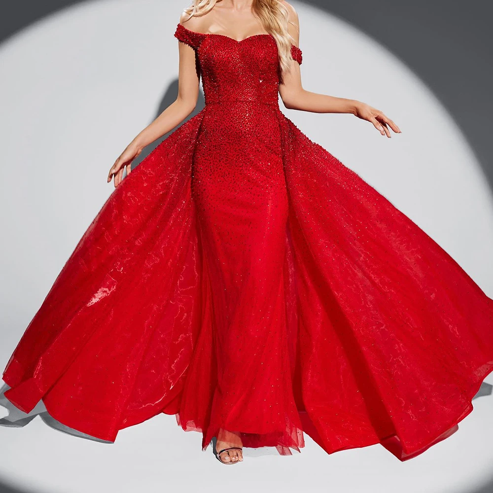 

Customized Exquisite Organza A-Line Crystal Off the Shoulder Evening Dress Temperament Floor Length платье вечернее