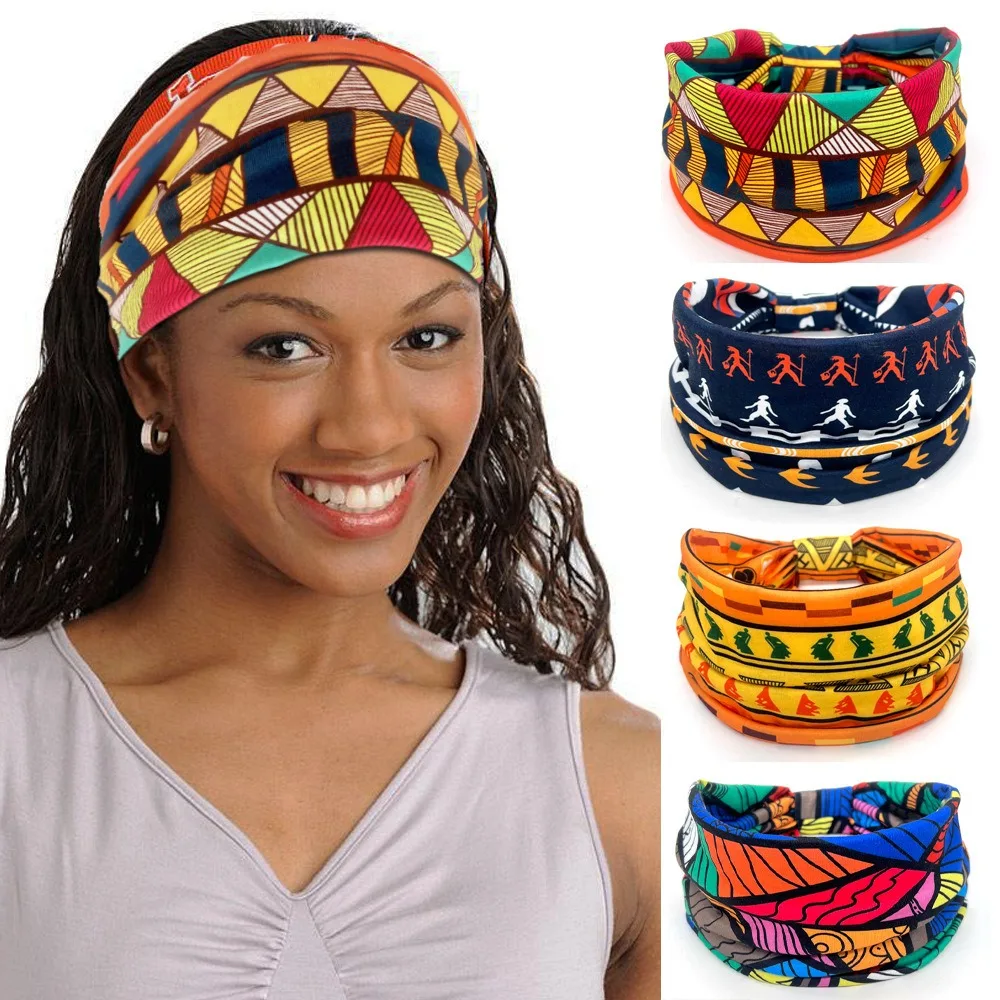 Ladies Wide Elastic Hairband with African Print Knot Sports Yoga Headband Women's Hair Accessory