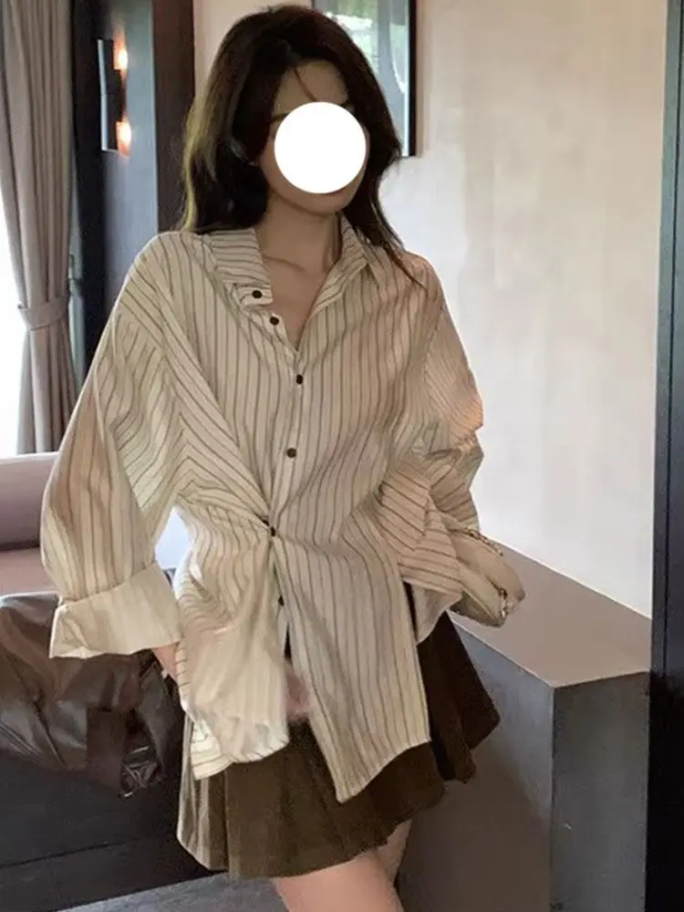 

Asymmetrical Design Striped Shirt Women's Long Sleeved Spring Autumn Outerwear New Sense Female Casual Retro Style Shirt