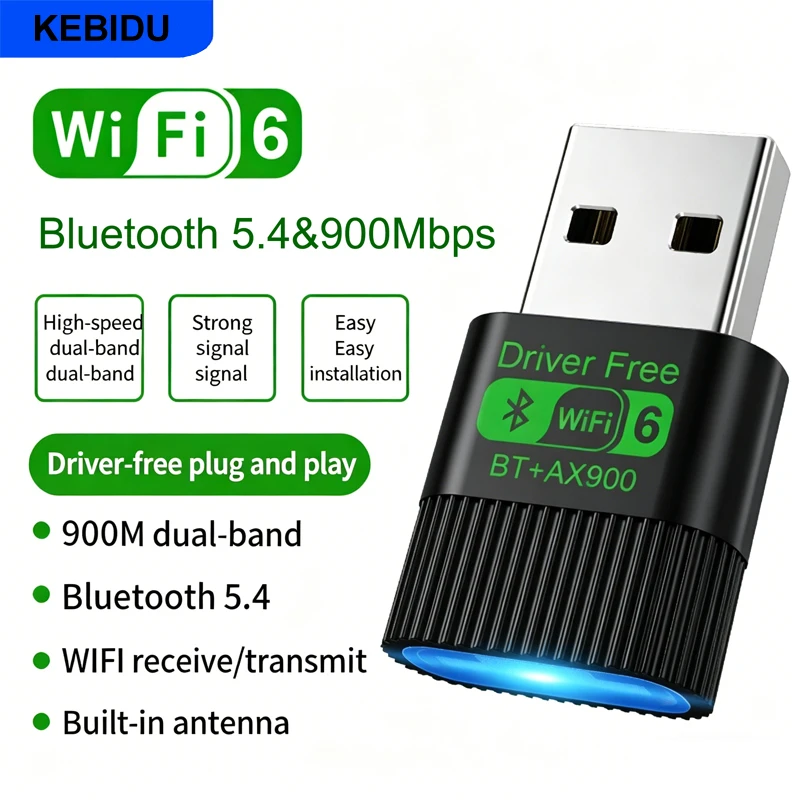

KEBIDU AX900 USB-адаптер Wi-Fi 6 Bluetooth 5.4, двухдиапазонный, 2,4G и 5 ГГц, USB-приемник беспроводной сети Wi-Fi, без драйверов, для Win 10/11
