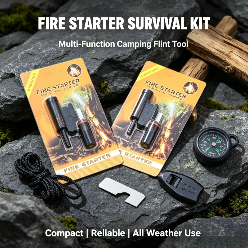 New Pocket 10-in-1 EDC Fire Starter Stick, Waterproof Magnesium Ignition Stone with LED Light, Portable Outdoor Tool