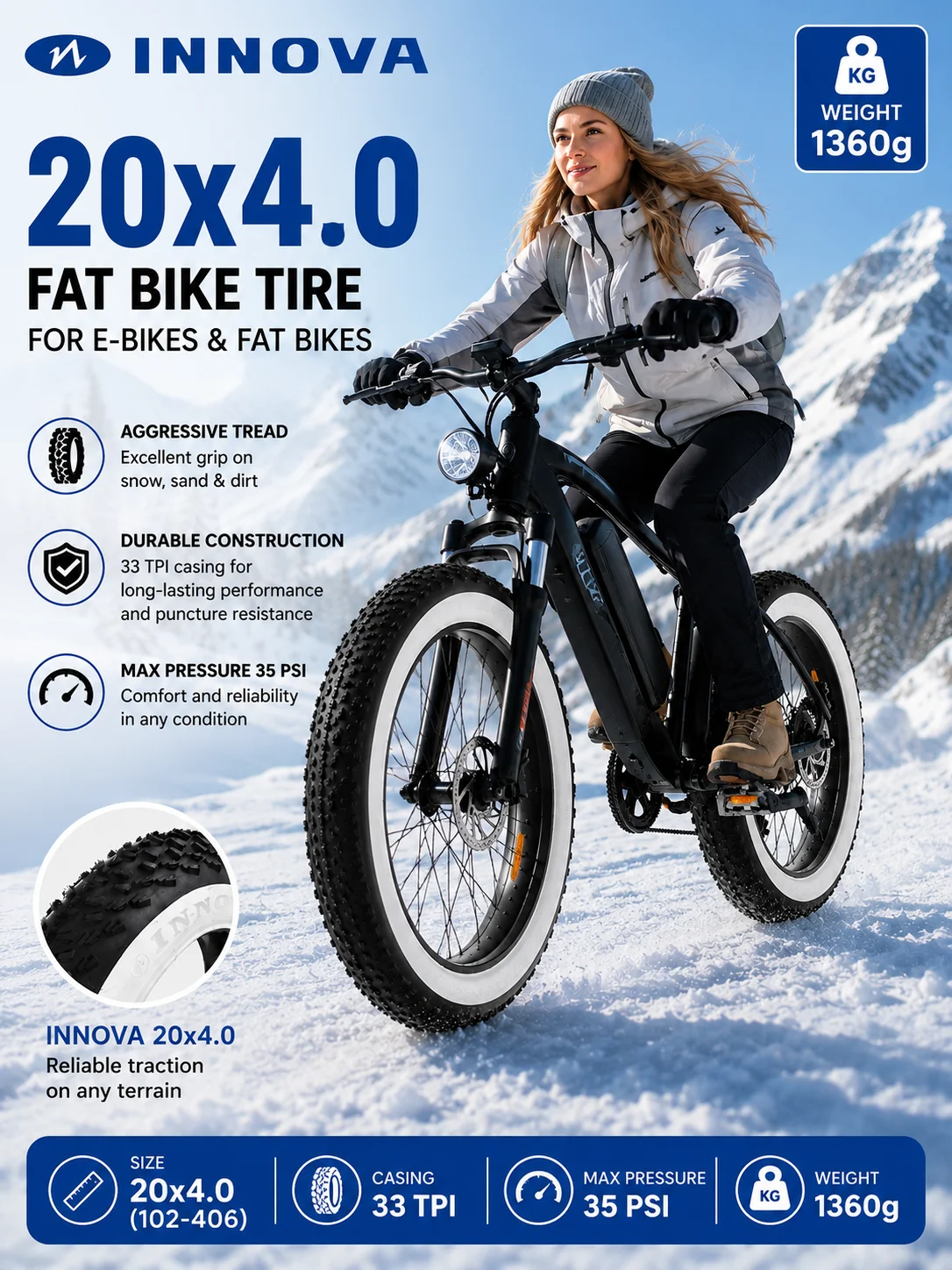 AliExpress Innova INNOVA LV-1003 20x4.0 Fat Bike Tire with Tube Set 20 Inch E-Bike Snow Beach Bicycle Tire 102-406 33TPI White Wall