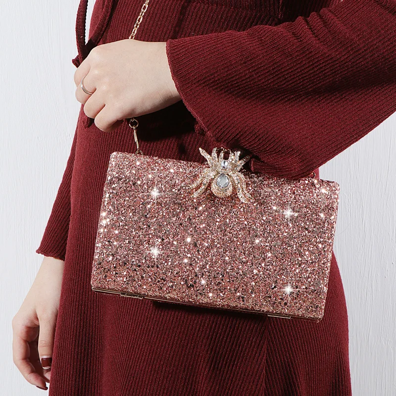 Trendy Fine Rose Gold Frosting Sequin Handbags Korean Women Ladies Wedding Party Evening Bag Clutch Dinner Banquet Shoulder Bags