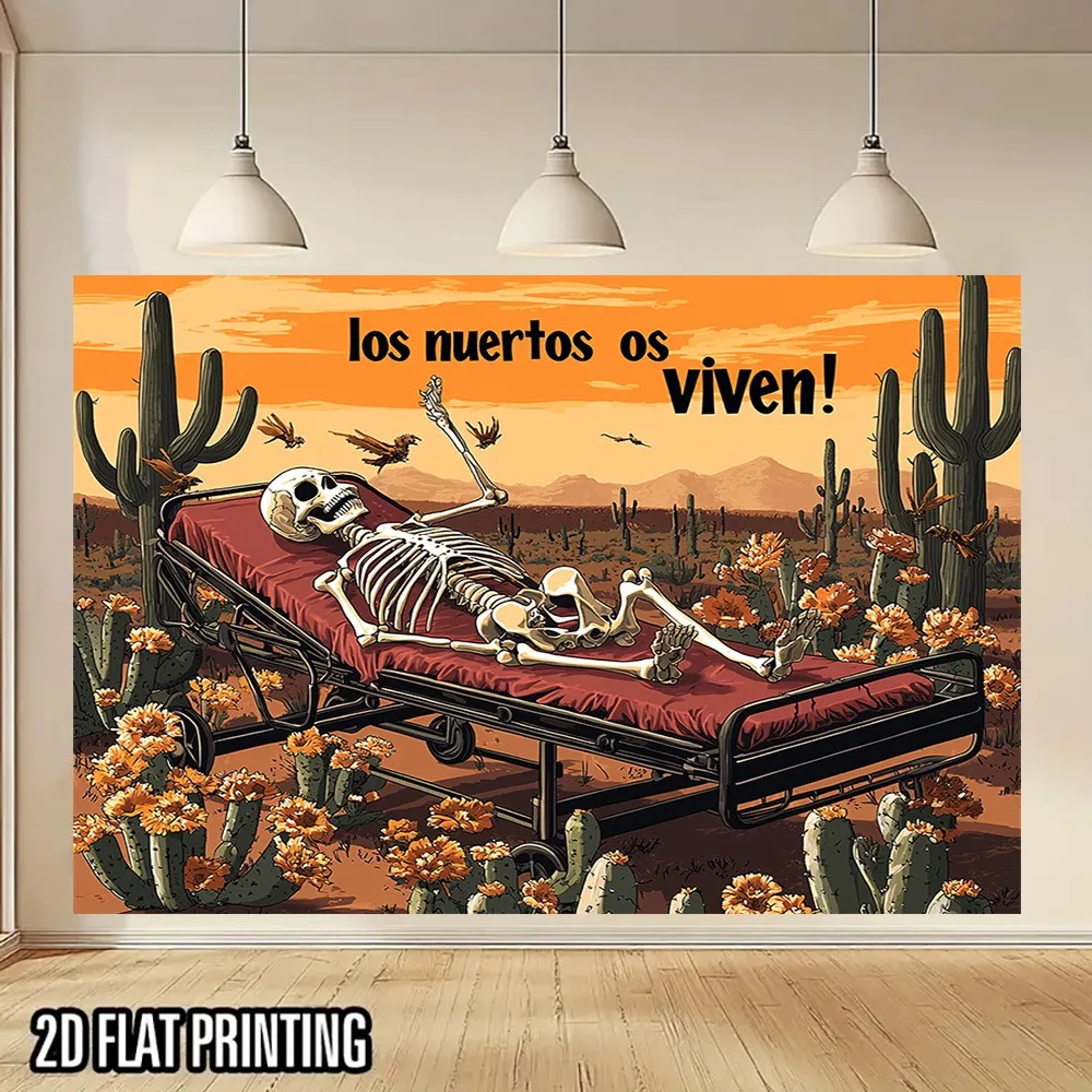 2D Flat, 1pc Mexican Folk Art Day of the Dead Tapestry - UV Printed Large Cactus & Spanish 