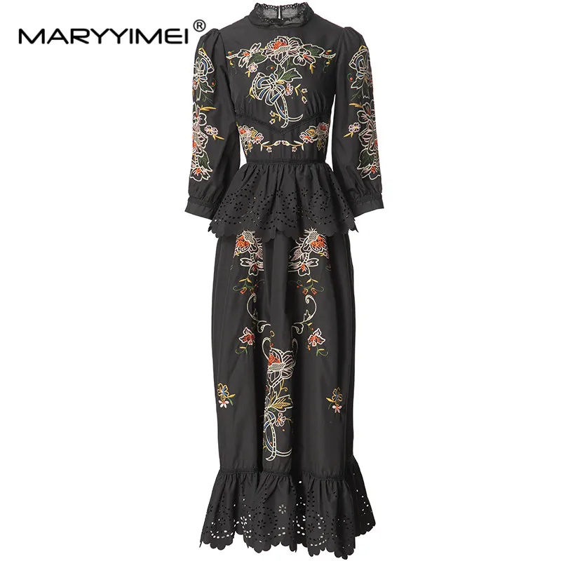 

MARYYIMEI Autumn and Winter Women's Vintage Embroidery Dress Lantern Sleeved Flounced Edge Splicing Hollow Out Dresses