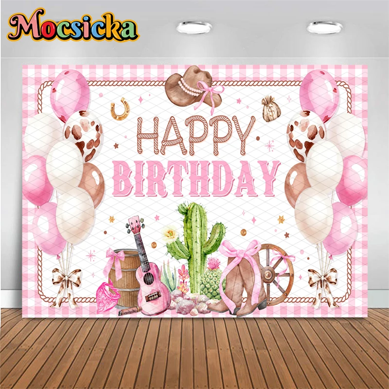 

Mocsicka Happy Birthday Backdrop Pink Western Cowgirl Photography Background Rodeo Party Decors Photo Booth Studio Props Banner