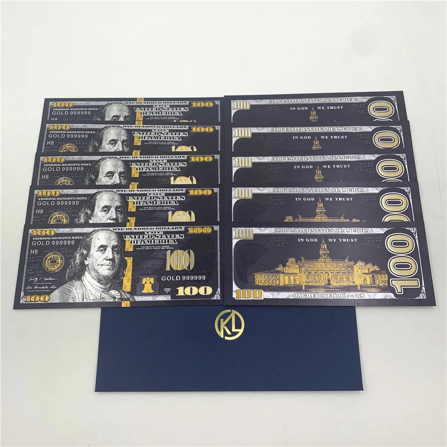 10pcs/lot USA 100 Dollar Gold Foiled Platsic Banknote Bill United States OF America with Envelope for gifts