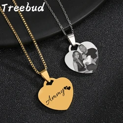 Treebud Custom Photo Name Necklace Stainless Steel For Lovers Family Laser Engraved Picture Letters Heart Pendant Jewelry Gifts