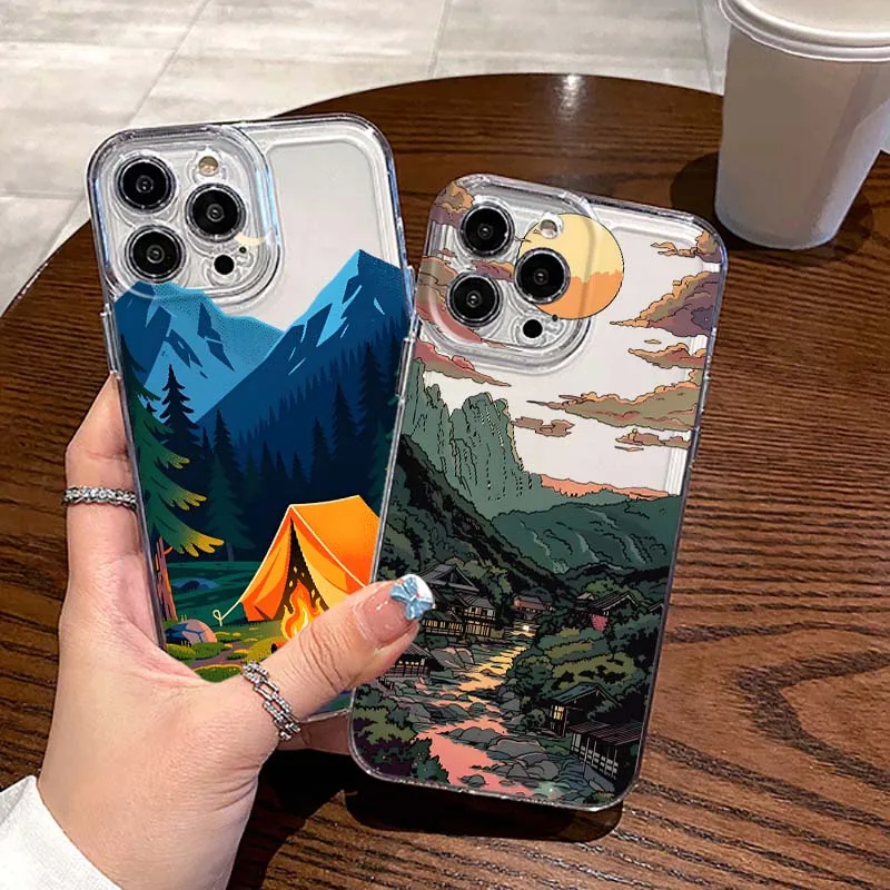Coque de protection transparente pour iPhone Apple 17 16 15 Pro Max Plus Air Mini, motif dessin animé coucher de soleil montagne village