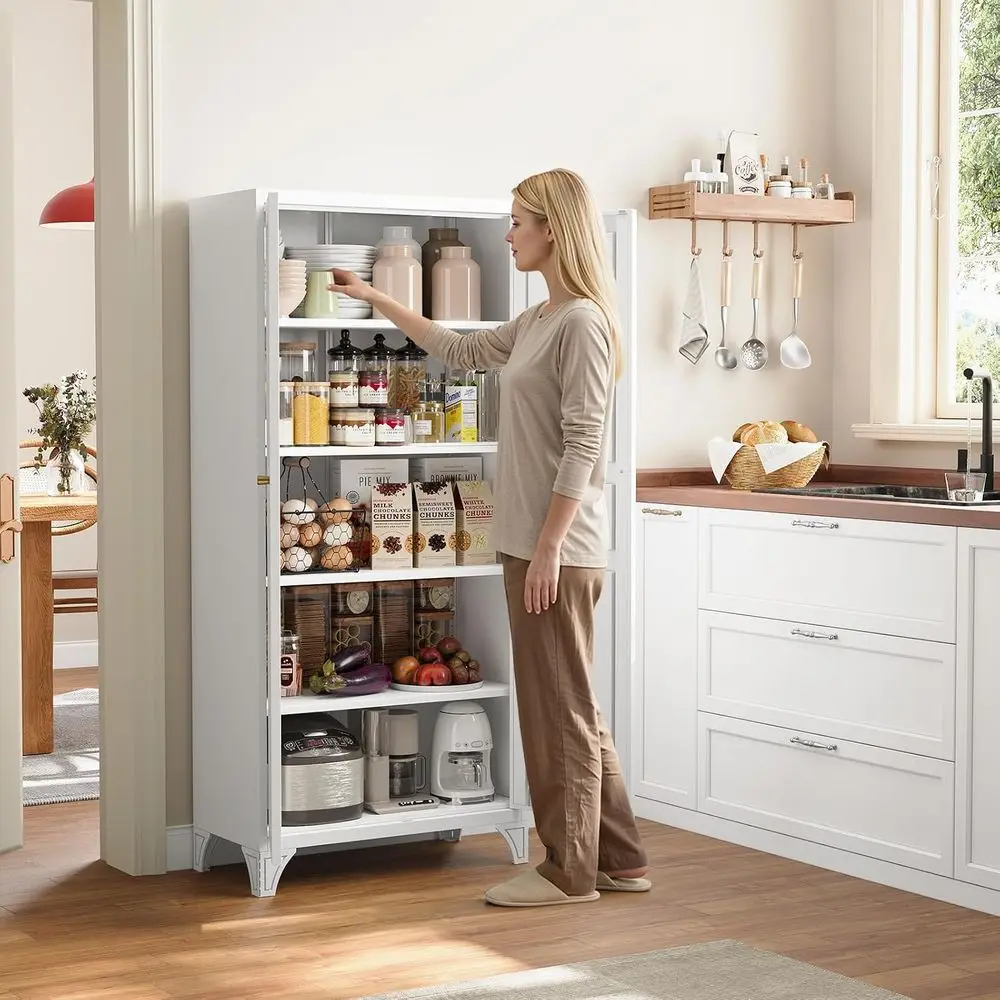 Metal Storage Cabinet with 2 Doors and 4 Adjustable Shelves - 61 White Kitchen Pantry Storage 5-Tier Tall Steel Cabinet for Kitc view 3