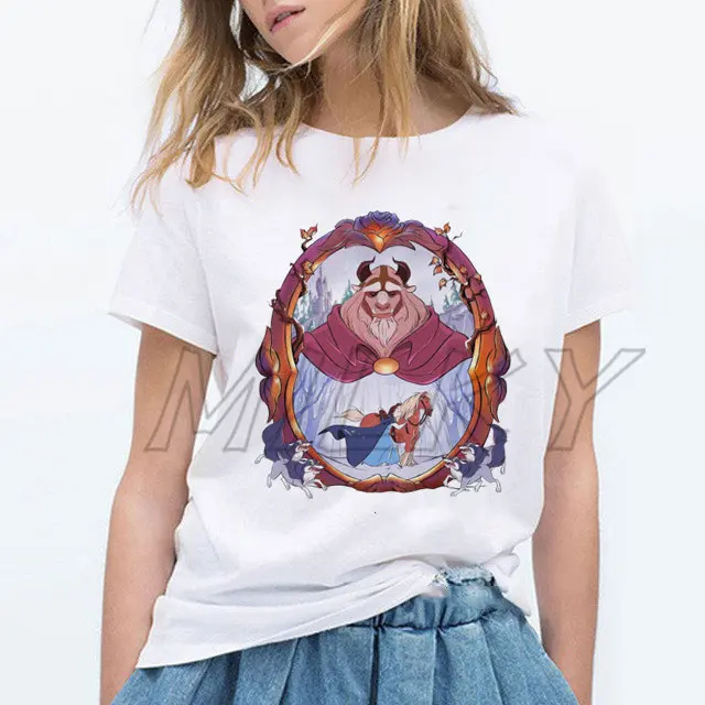 2024 Beauty and Beast Shirt Cute Princess Belle T-shirt Women Fairy Tale Rose Graphic T Shirt Harajuku O-neck Summer Tops