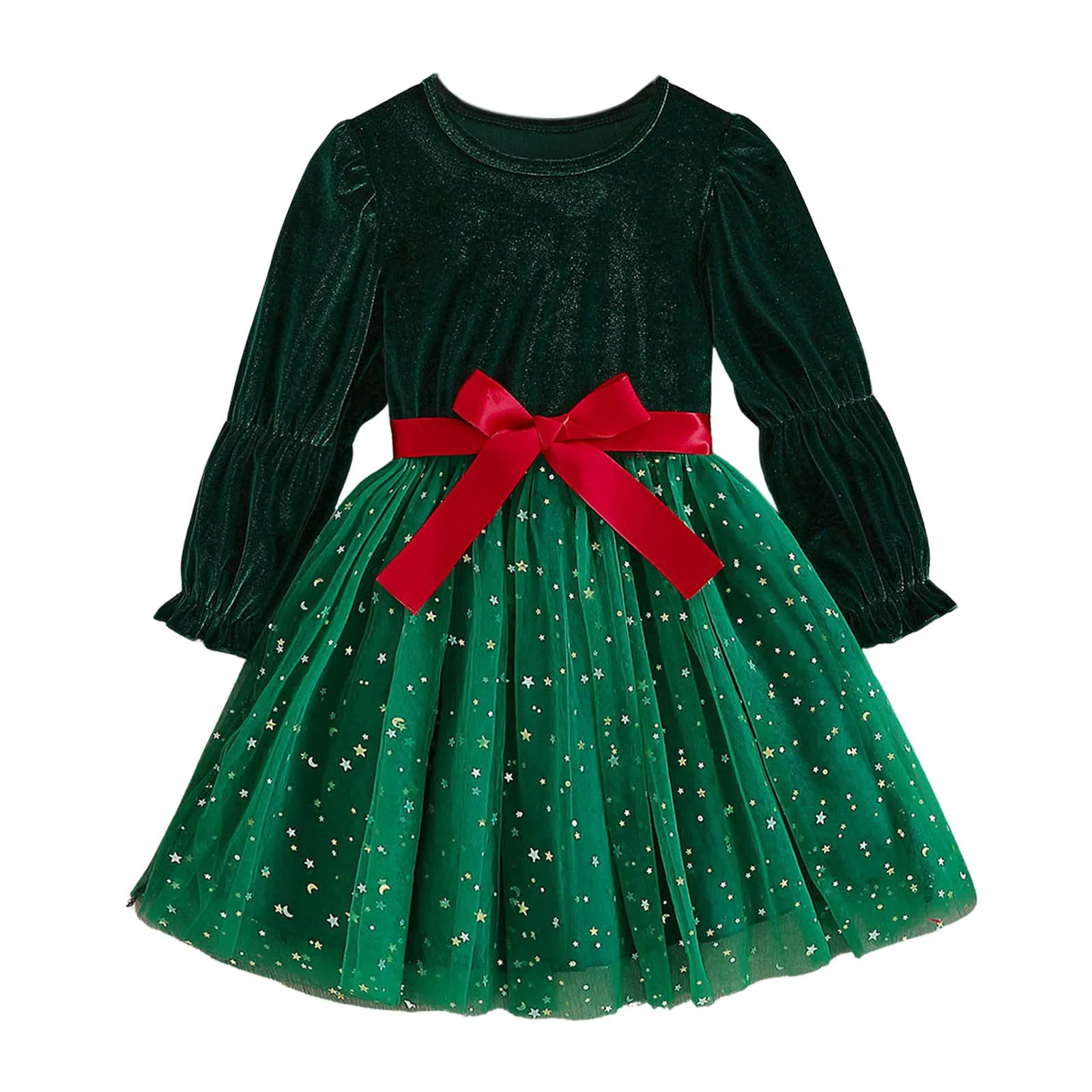 Green Christmas Dress for Girl Winter Sequin Ruffles Long Sleeve Princess Birthday New Years Xmas Party Dress for Kids 3-8Yrs